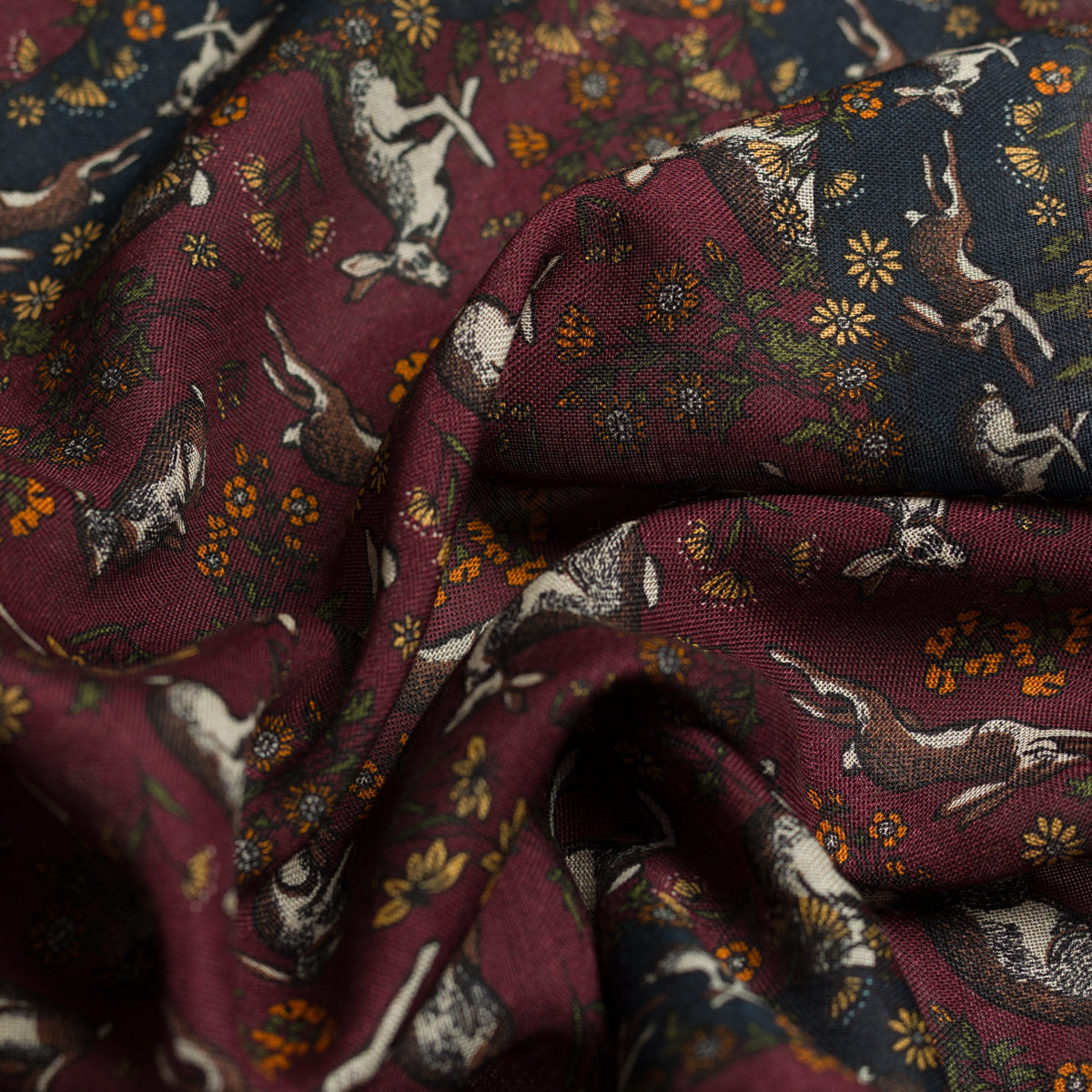 Rabbit Motif Wool / Silk Pocket Square - Burgundy - 40x40cm
