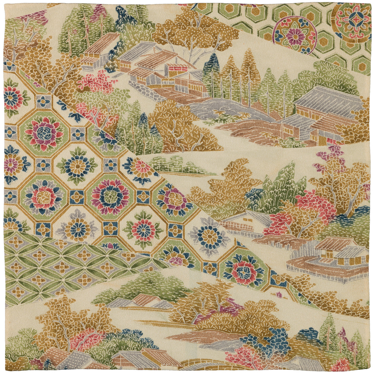 Vintage Kimono Silk Pocket Square - Beige / Green