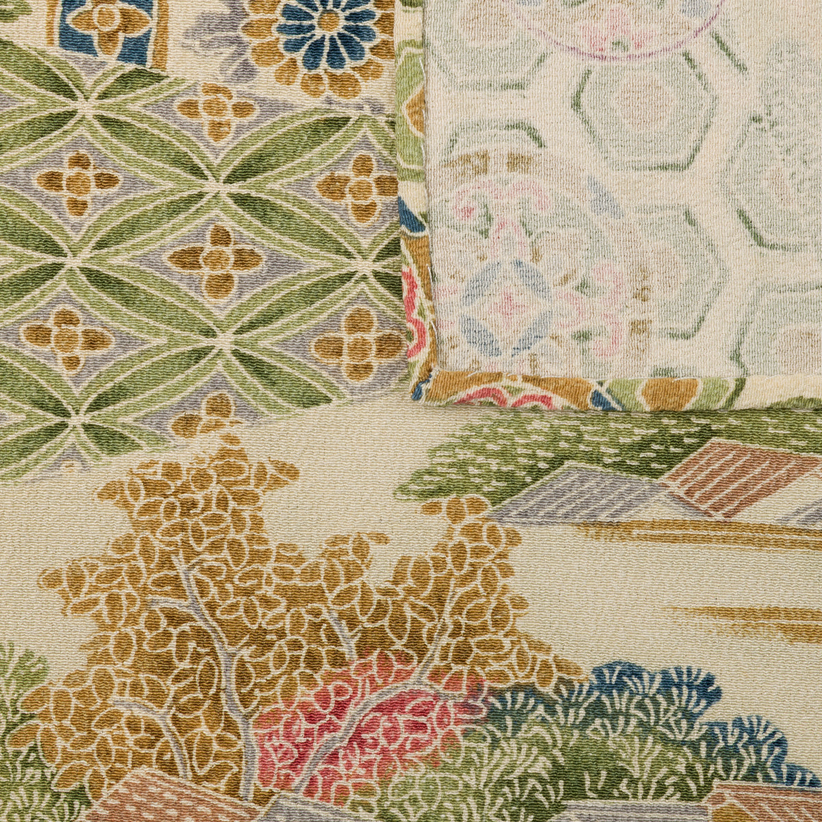 Vintage Kimono Silk Pocket Square - Beige / Green