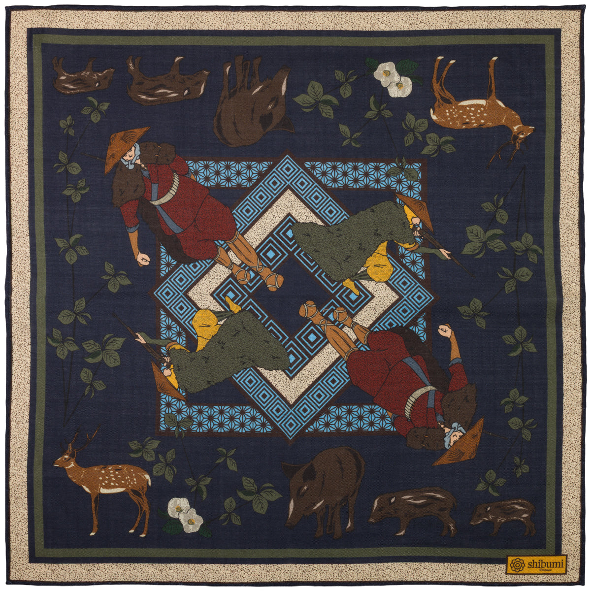 Japanese Hunter Wool / Silk Pocket Square - Navy - 40x40cm