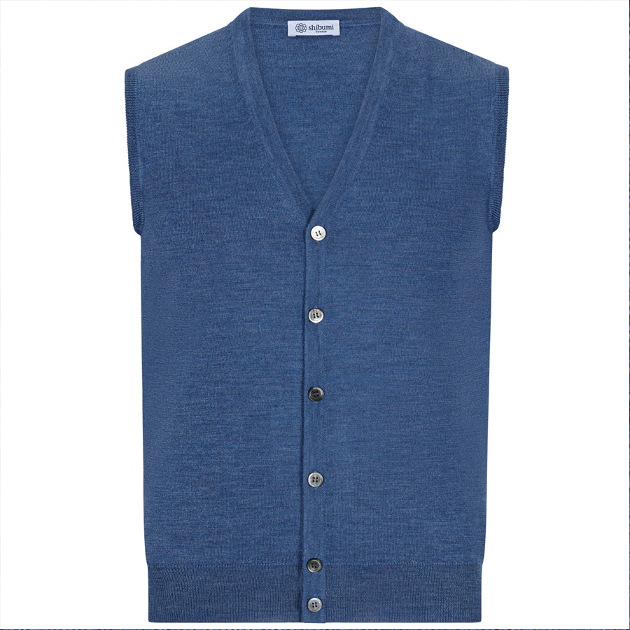 Merino Wool Sleeveless Cardigan - Denim
