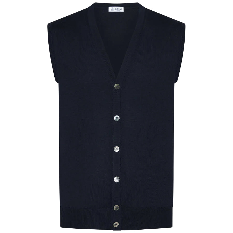 Merino Wool Sleeveless Cardigan - Navy