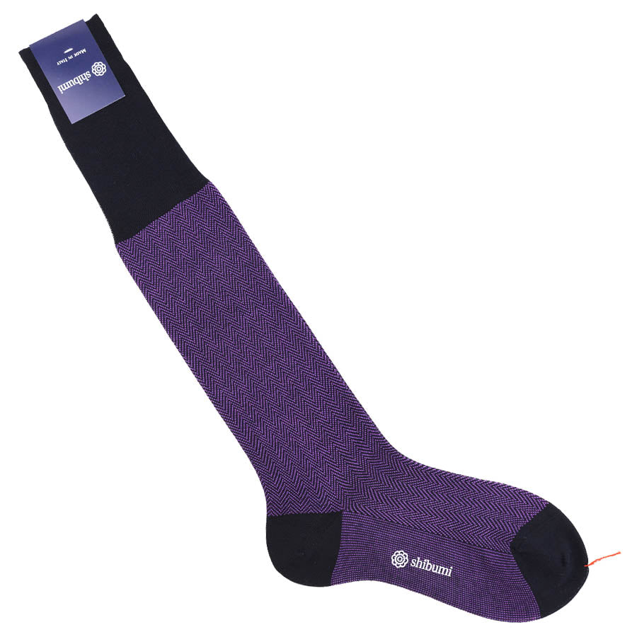 Knee Socks - Herringbone - Purple - Pure Cotton