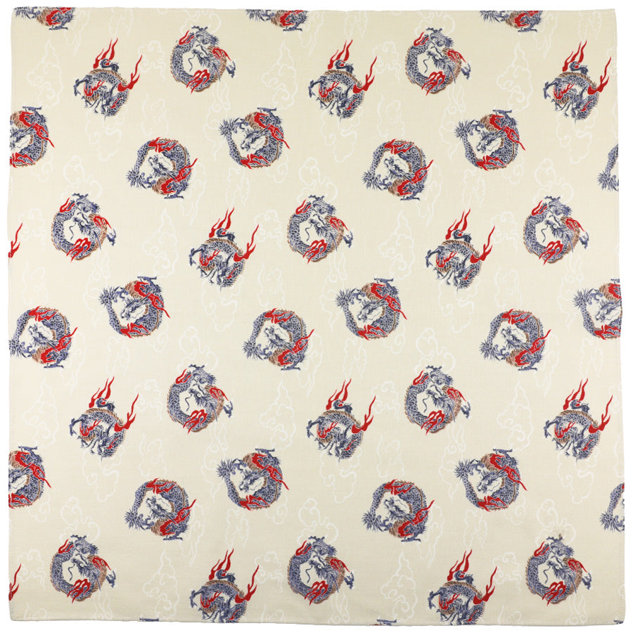 Dragon Motif Cotton Handkerchief - Cream