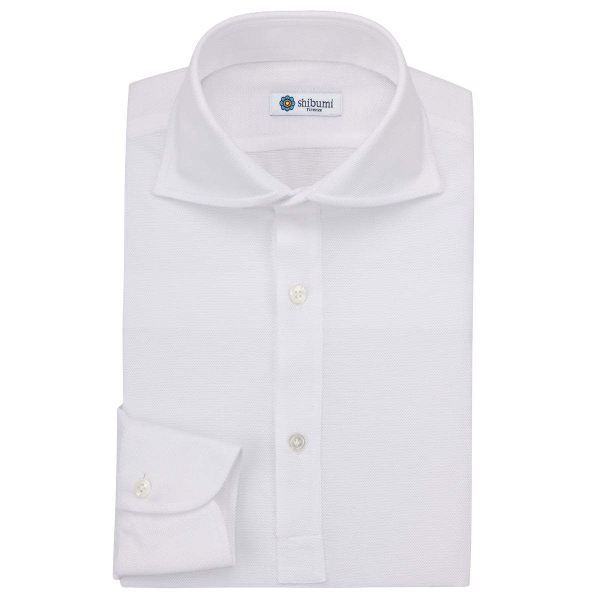 Long Sleeved Polo Shirt - Curved Wide Spread - White