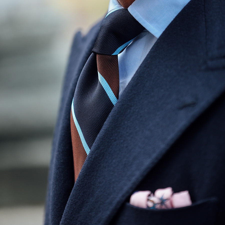 Block Stripe Super Repp Silk Tie - Navy / Brown / Sky