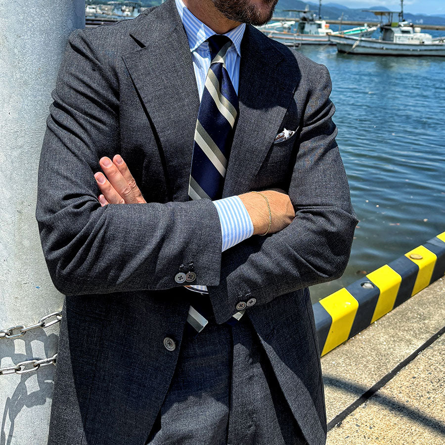 Japanese Repp Stripe Silk Tie - Navy / Army / Cream