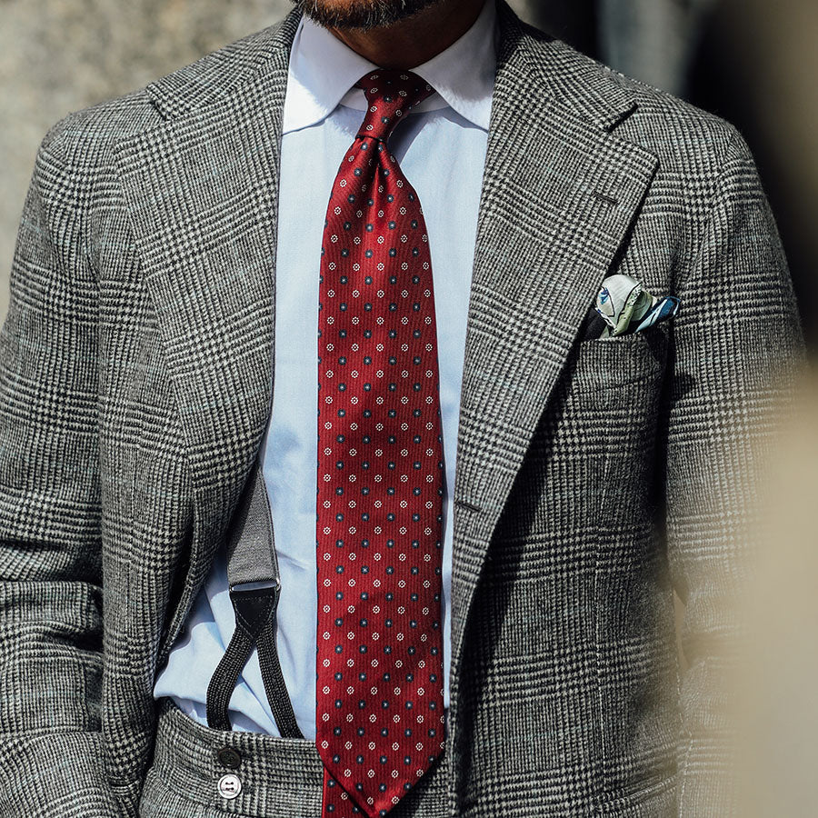 Floral Printed Silk Tie - Burgundy - Hand-Rolled