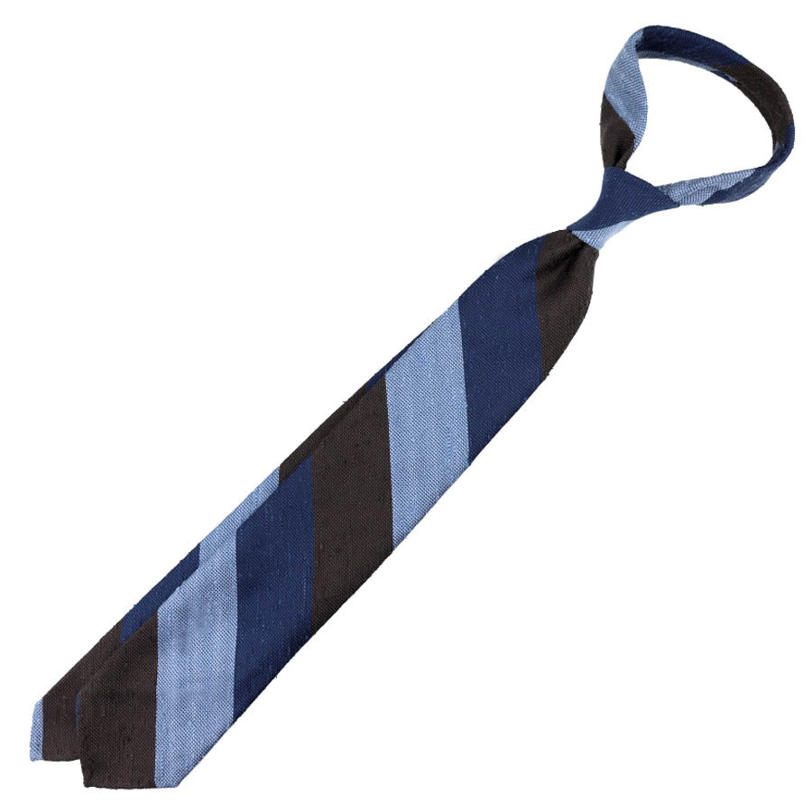 Triple Block Stripe Soft Shantung Silk Tie - Brown / Navy / Blue