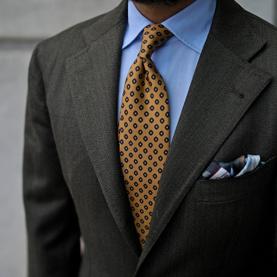 Shibumi-Flower Printed Silk Tie - Khaki - Hand-Rolled