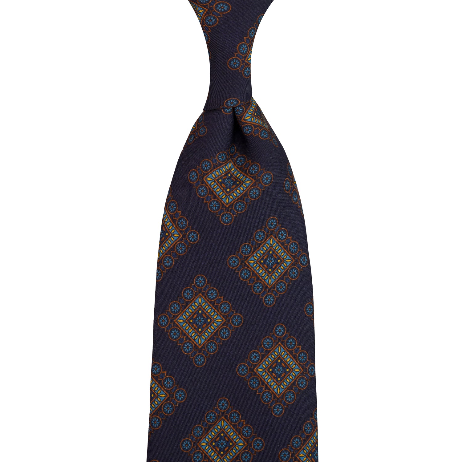 Floral Printed Silk / Wool Tie - Navy - Hand-Rolled