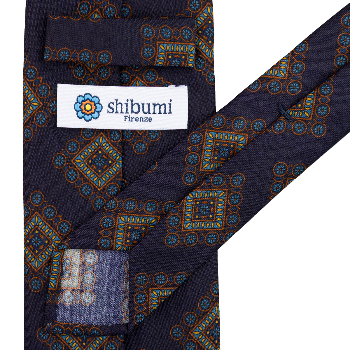 Floral Printed Silk / Wool Tie - Navy - Hand-Rolled