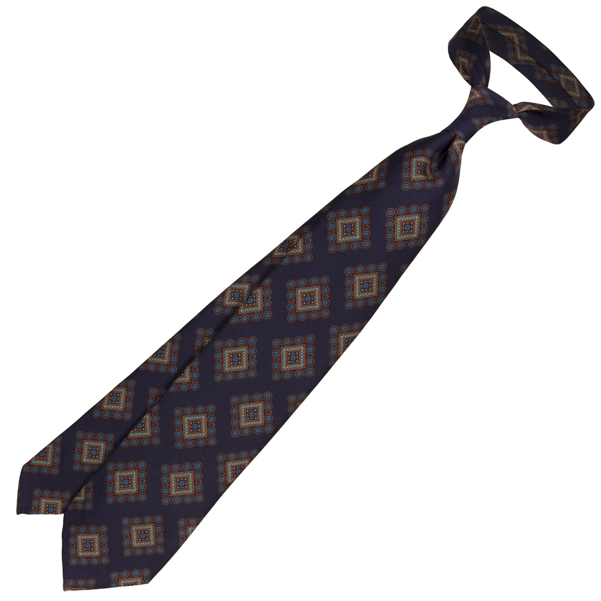 Floral Printed Silk / Wool Tie - Navy - Hand-Rolled