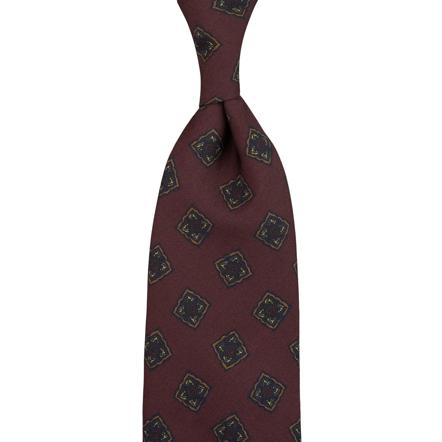 Floral Printed Silk / Wool Tie - Burgundy - Hand-Rolled