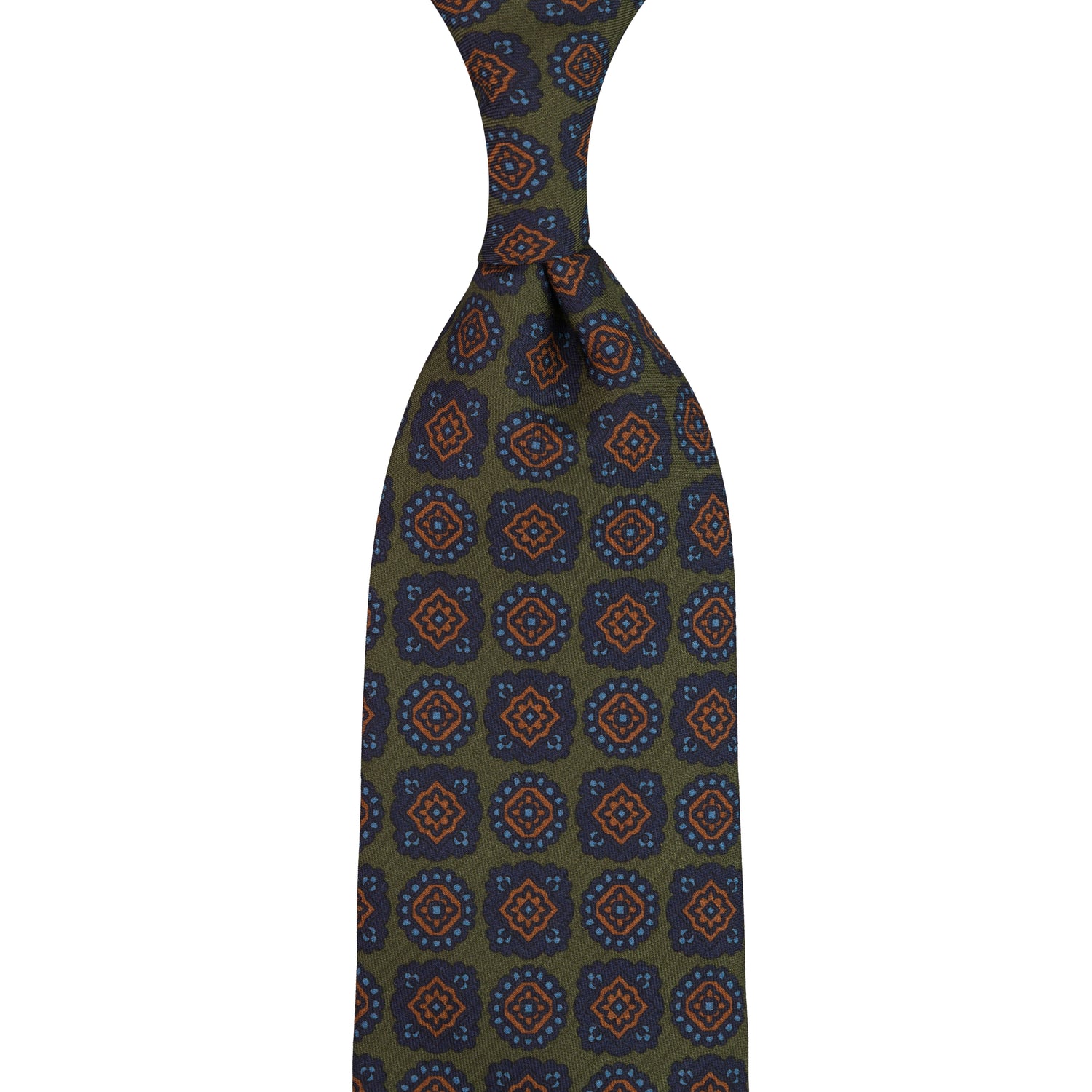 Floral Printed Silk / Wool Tie - Dark Olive - Hand-Rolled