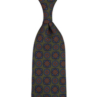 Floral Printed Silk / Wool Tie - Dark Olive - Hand-Rolled