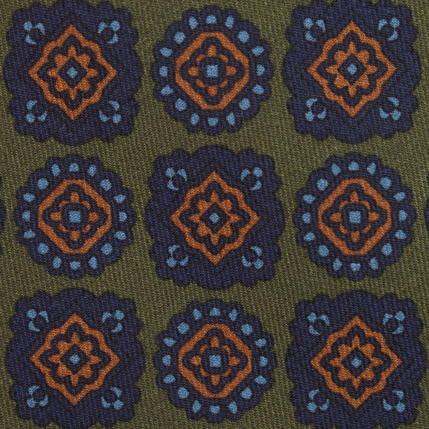 Floral Printed Silk / Wool Tie - Dark Olive - Hand-Rolled
