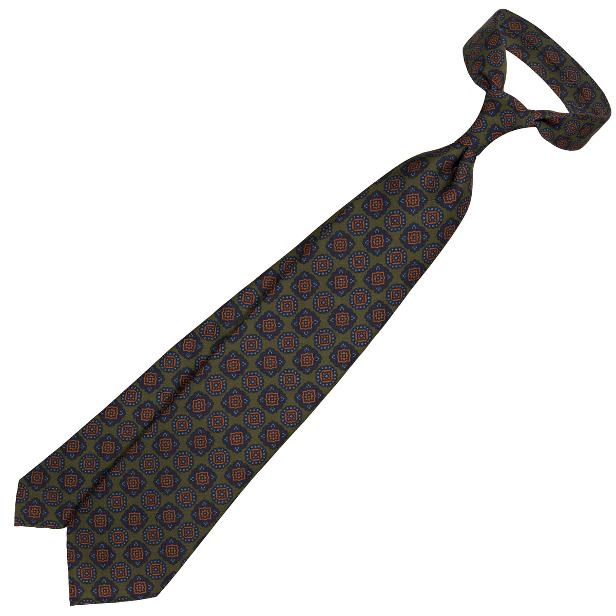 Floral Printed Silk / Wool Tie - Dark Olive - Hand-Rolled