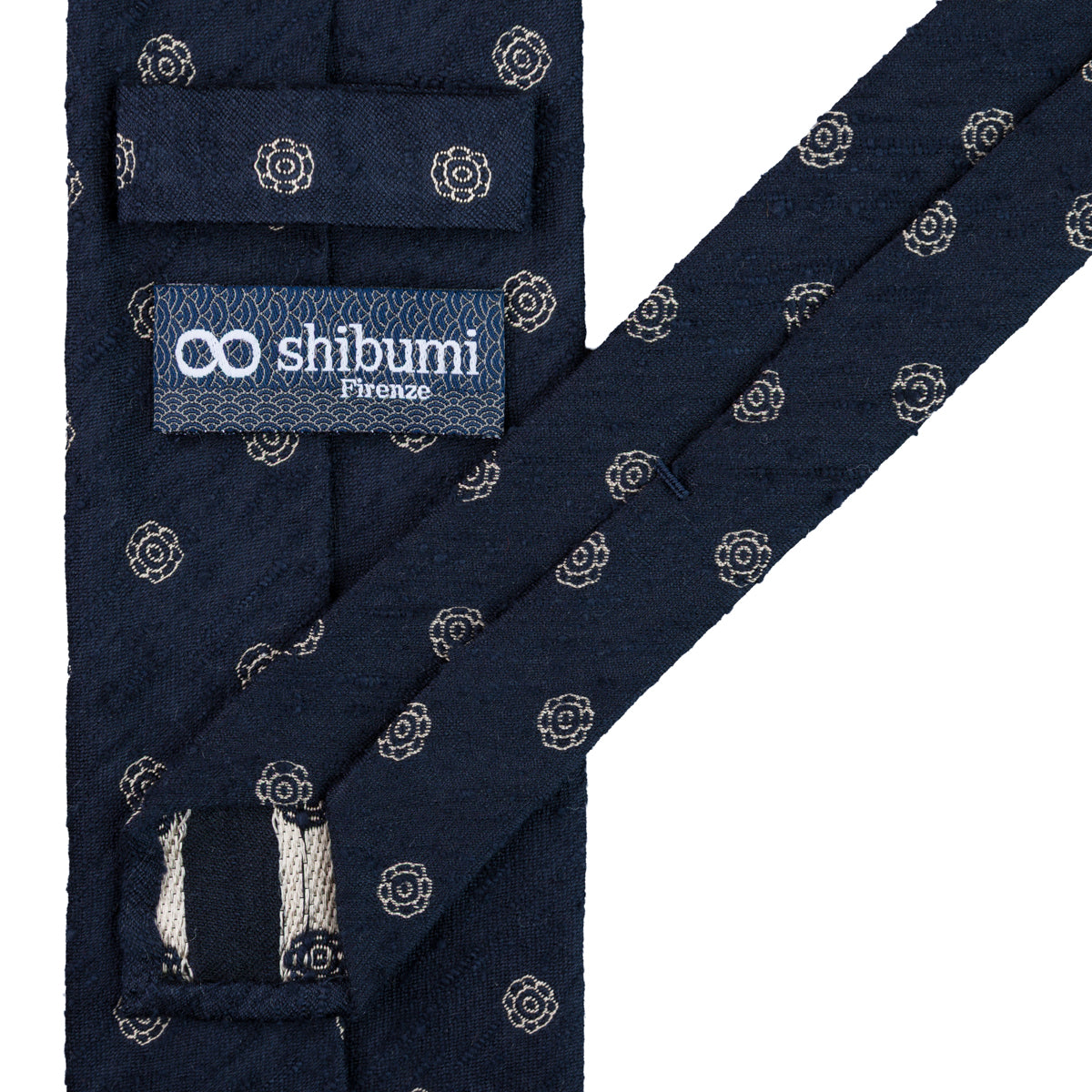 Shibumi-Flower Shantung Silk Tie - Navy - Hand-Rolled