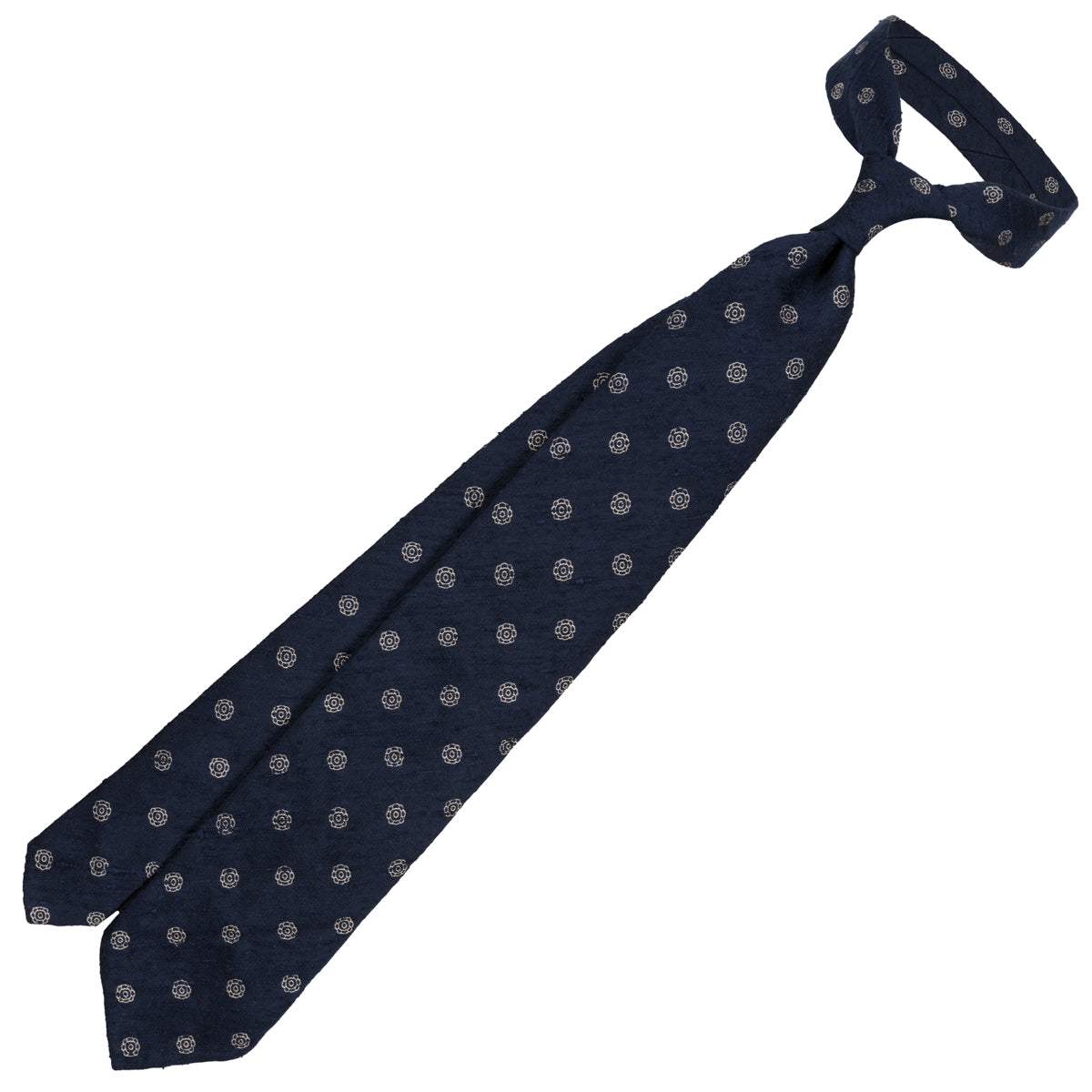 Shibumi-Flower Shantung Silk Tie - Navy - Hand-Rolled