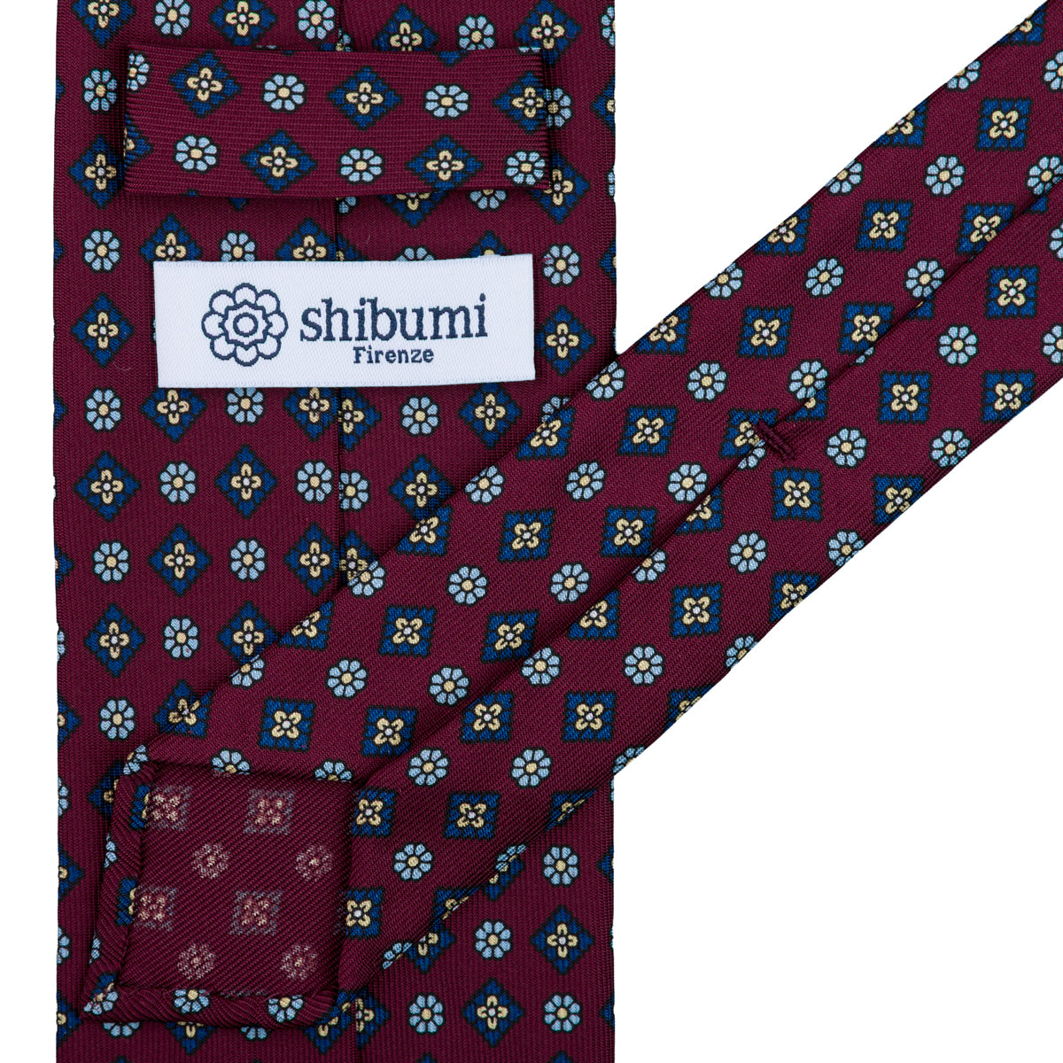 Floral Printed Silk Tie - Burgundy - Hand-Rolled