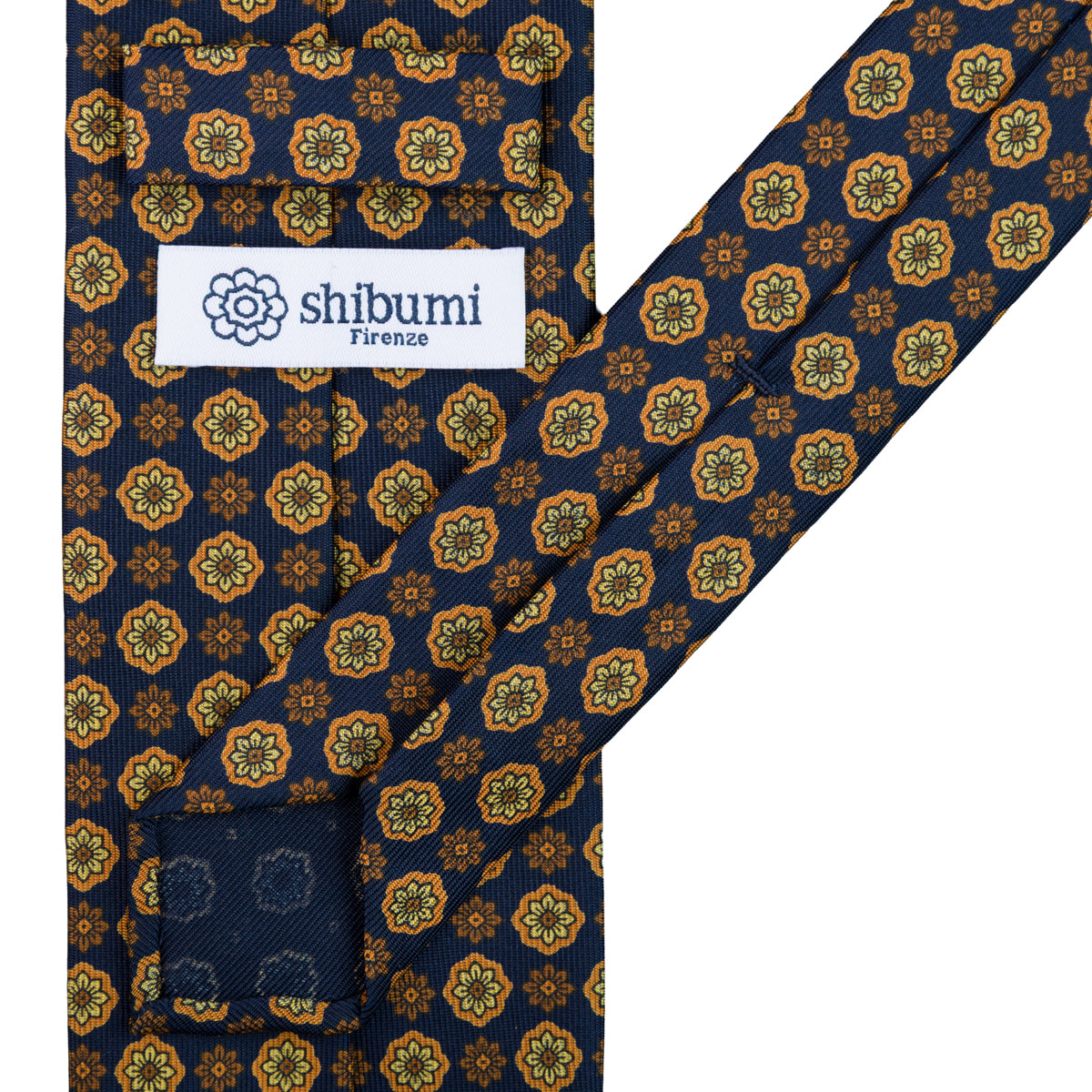 Floral Printed Silk Tie - Navy - Hand-Rolled