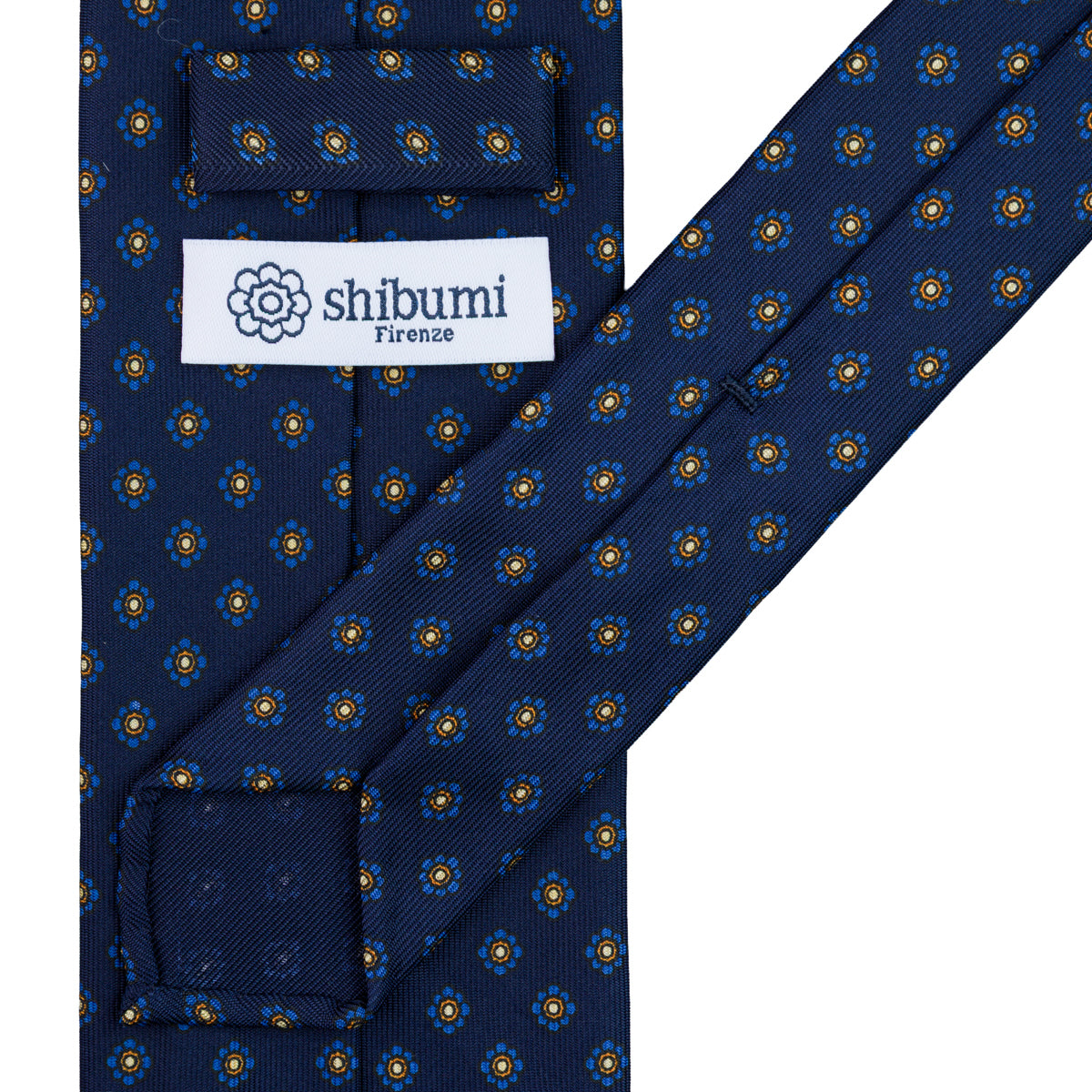 Shibumi-Flower Printed Silk Tie - Navy - Hand-Rolled
