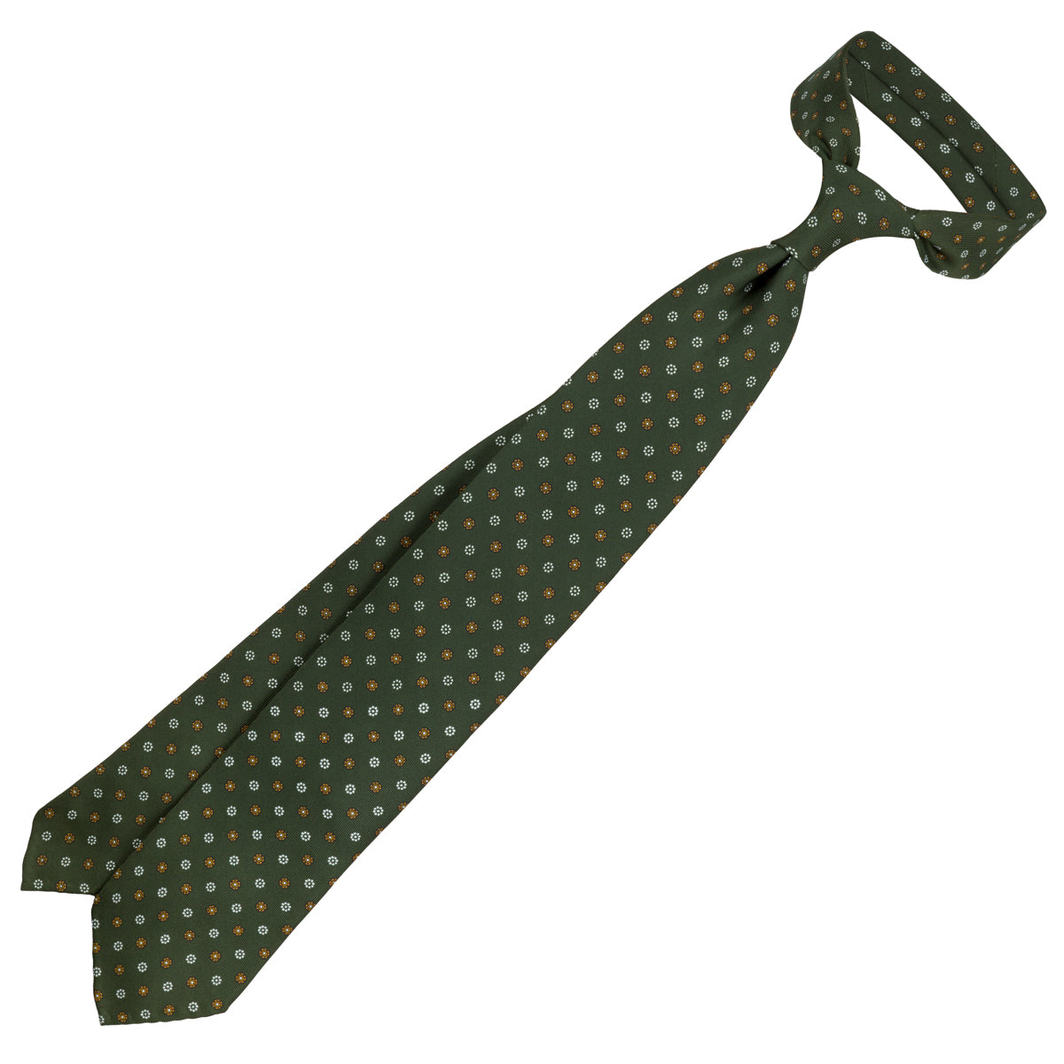 Floral Printed Silk Tie - Olive - Hand-Rolled