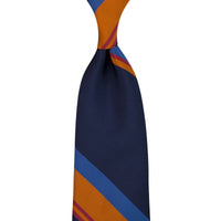 Repp Stripe Silk Tie - Navy / Orange / Blue - Hand-Rolled