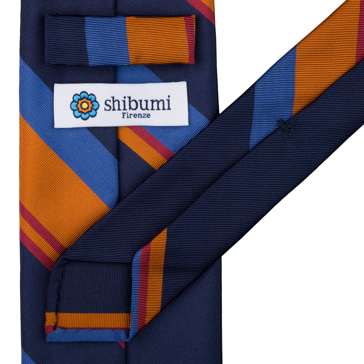 Repp Stripe Silk Tie - Navy / Orange / Blue - Hand-Rolled