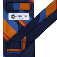 Repp Stripe Silk Tie - Navy / Orange / Blue - Hand-Rolled