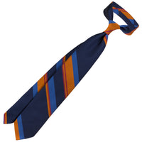 Repp Stripe Silk Tie - Navy / Orange / Blue - Hand-Rolled