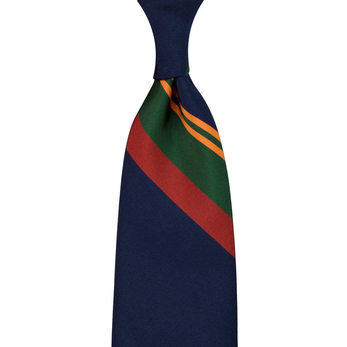 Repp Stripe Silk Tie - Navy / Rust / Forest - Hand-Rolled