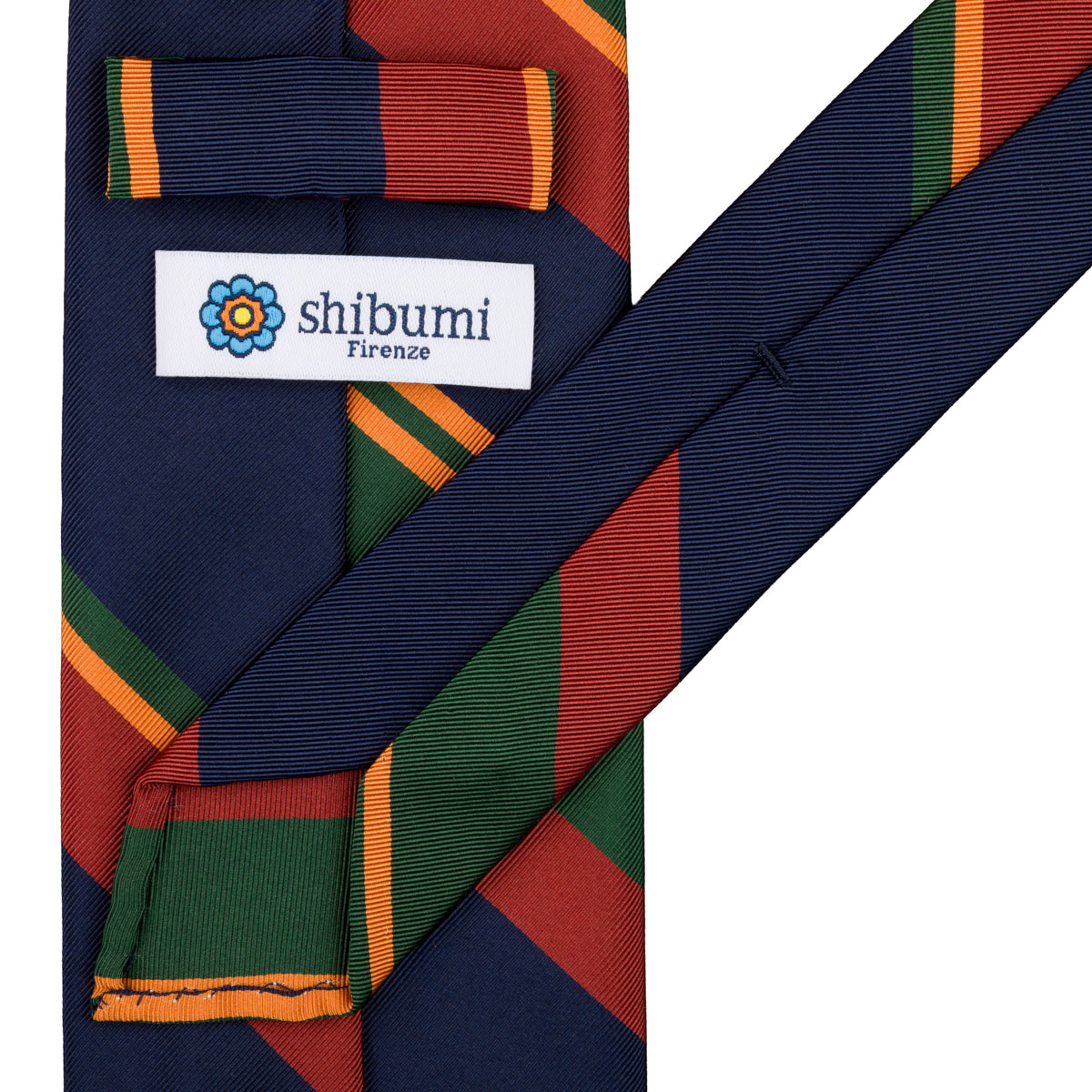 Repp Stripe Silk Tie - Navy / Rust / Forest - Hand-Rolled