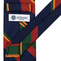 Repp Stripe Silk Tie - Navy / Rust / Forest - Hand-Rolled