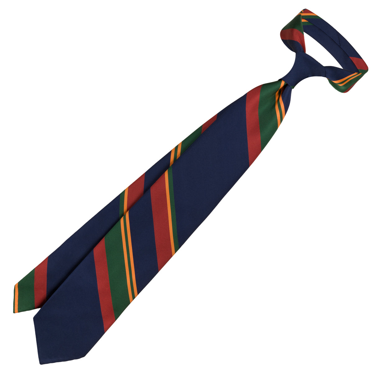 Repp Stripe Silk Tie - Navy / Rust / Forest - Hand-Rolled