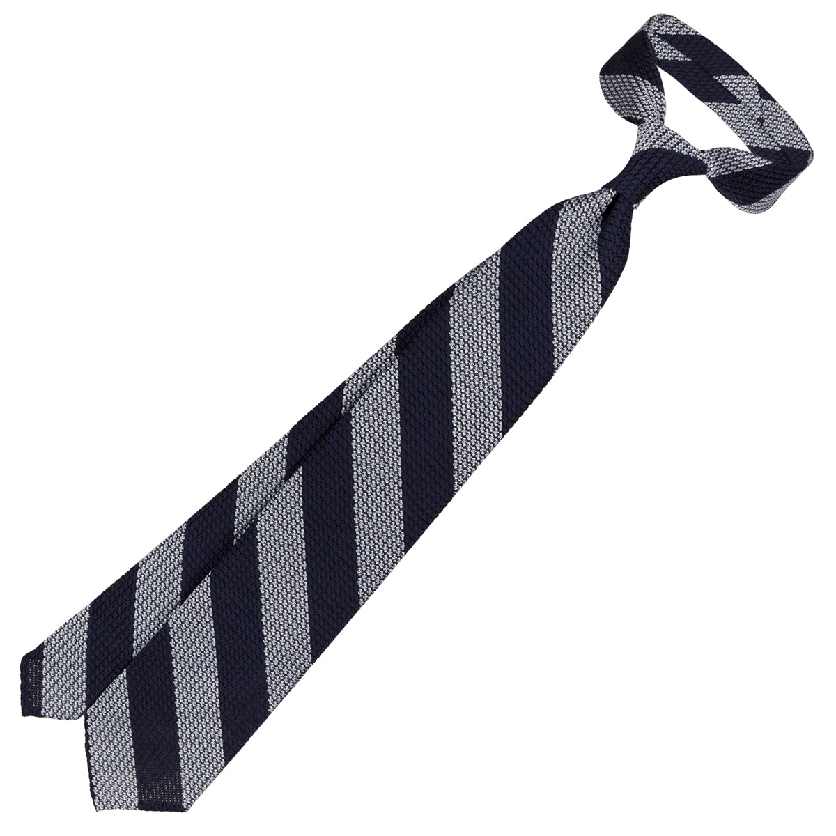 Striped Grossa Grenadine Silk Tie - Navy / White - Hand-Rolled