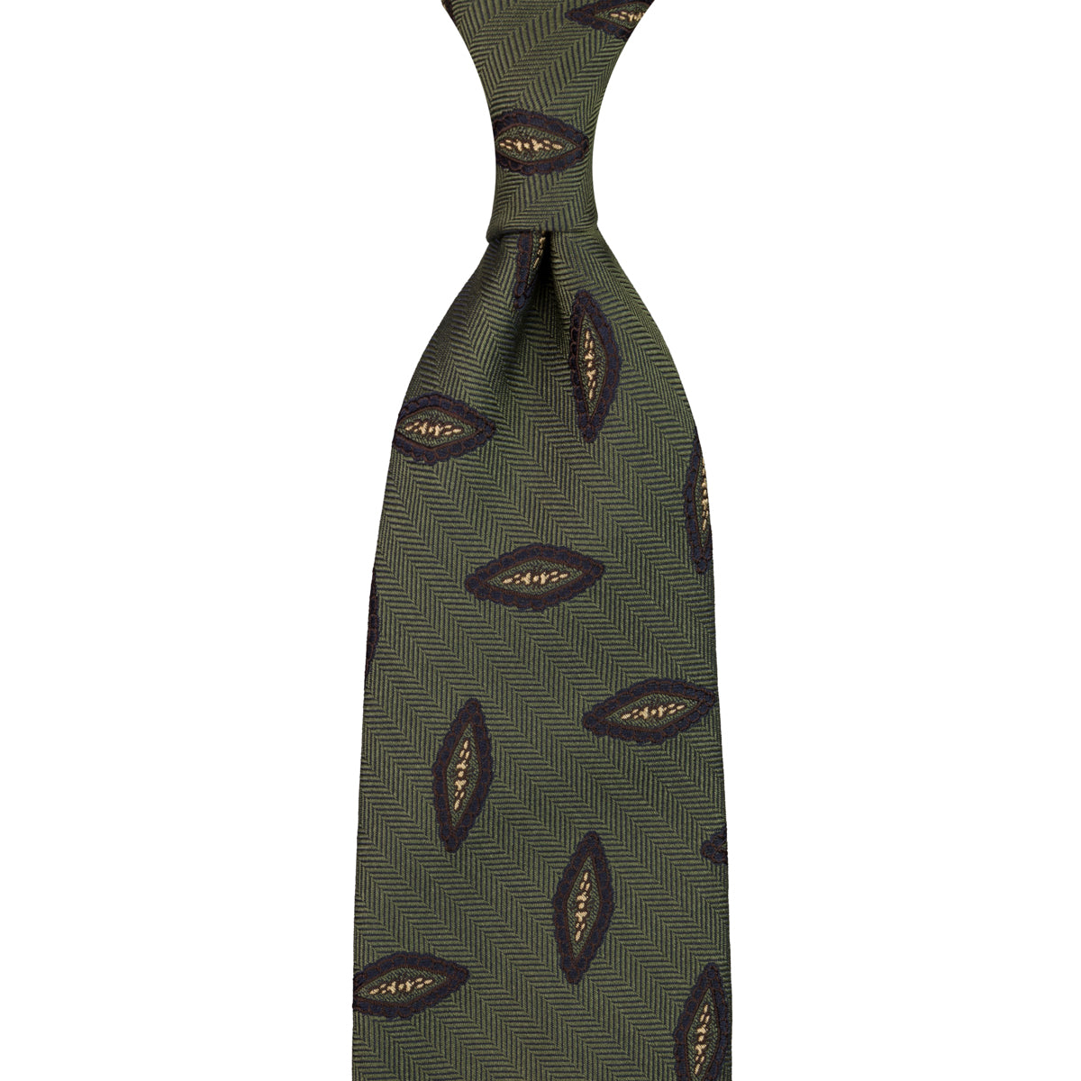 Geometrical Herringbone Silk Tie - Olive - Hand-Rolled