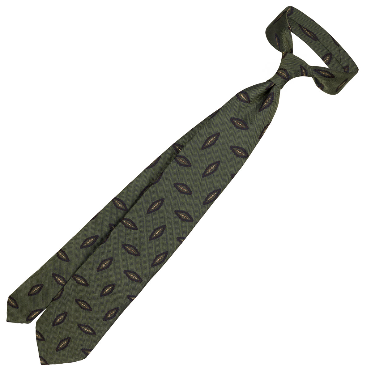Geometrical Herringbone Silk Tie - Olive - Hand-Rolled