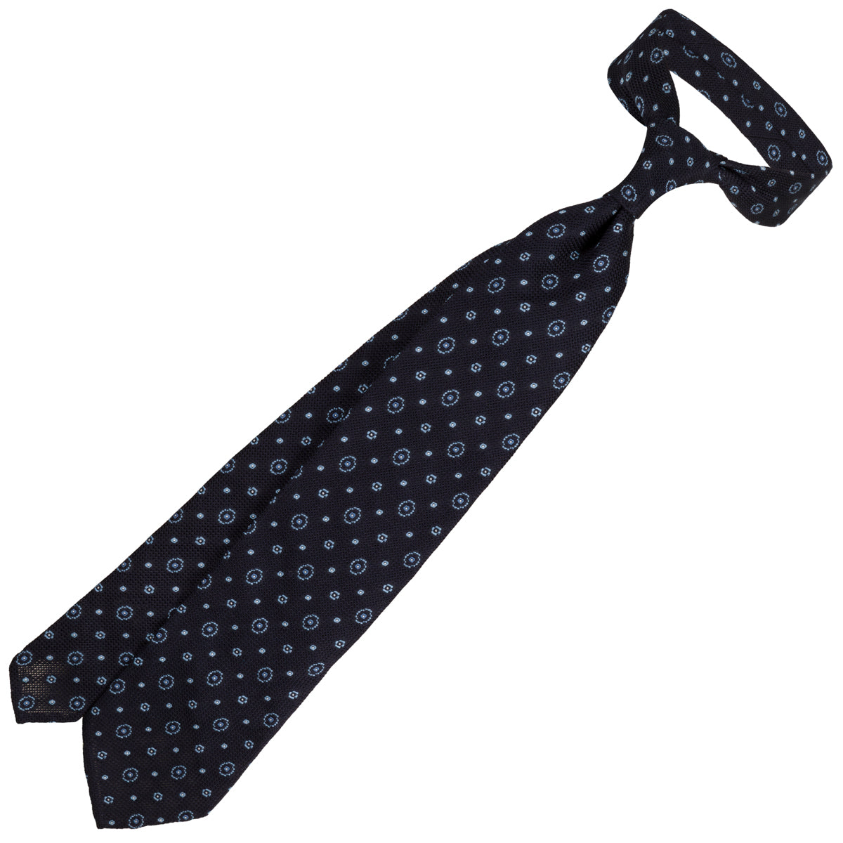 Floral Fina Grenadine Silk Tie - Navy - Hand-Rolled