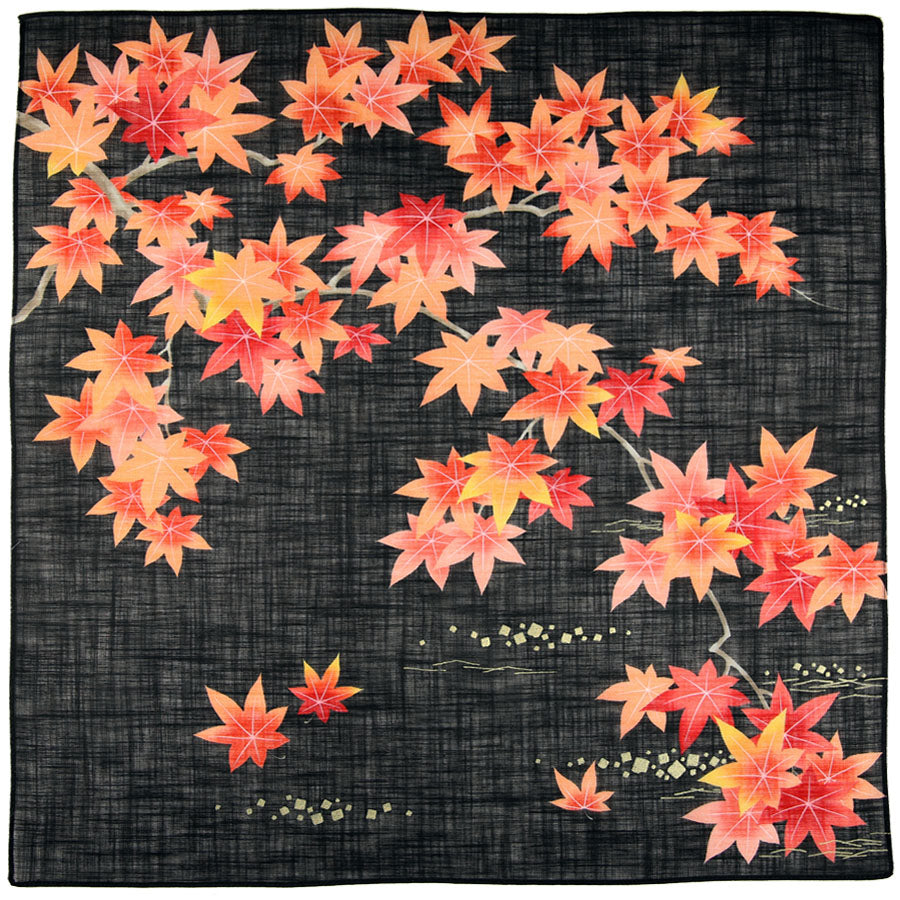 Momiji Leaves Motif Cotton Handkerchief - Black