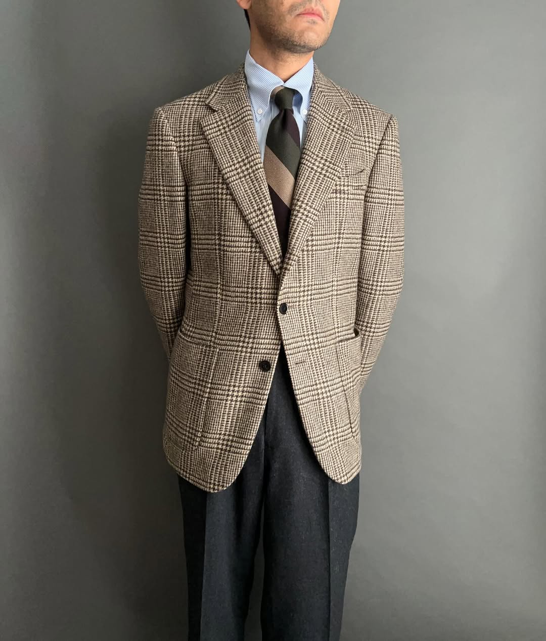 Triple Block Stripe Cashmere / Silk Grenadine Tie - Olive / Brown / Beige