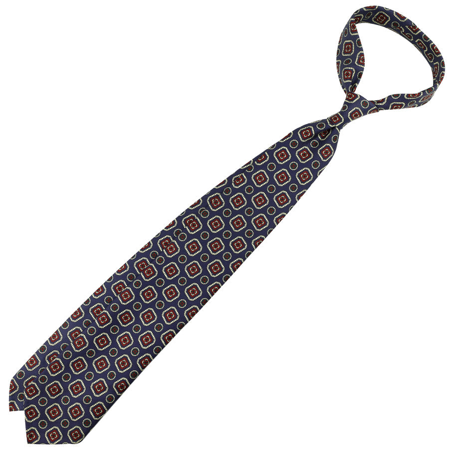 Floral Printed Silk Tie - Navy - Hand-Rolled