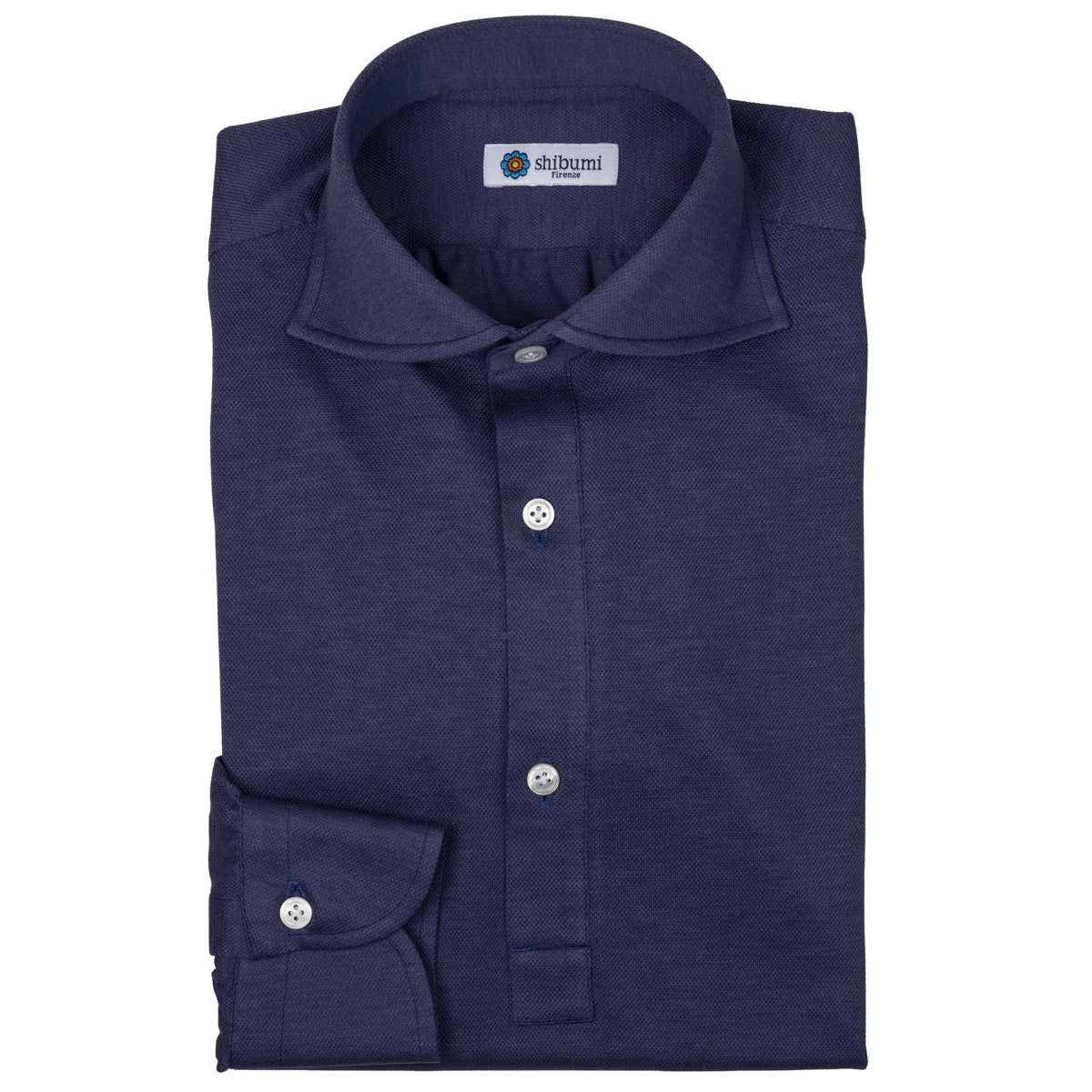 Long Sleeved Polo Shirt - Wide Spread - Denim Blue