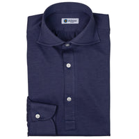 Long Sleeved Polo Shirt - Wide Spread - Denim Blue
