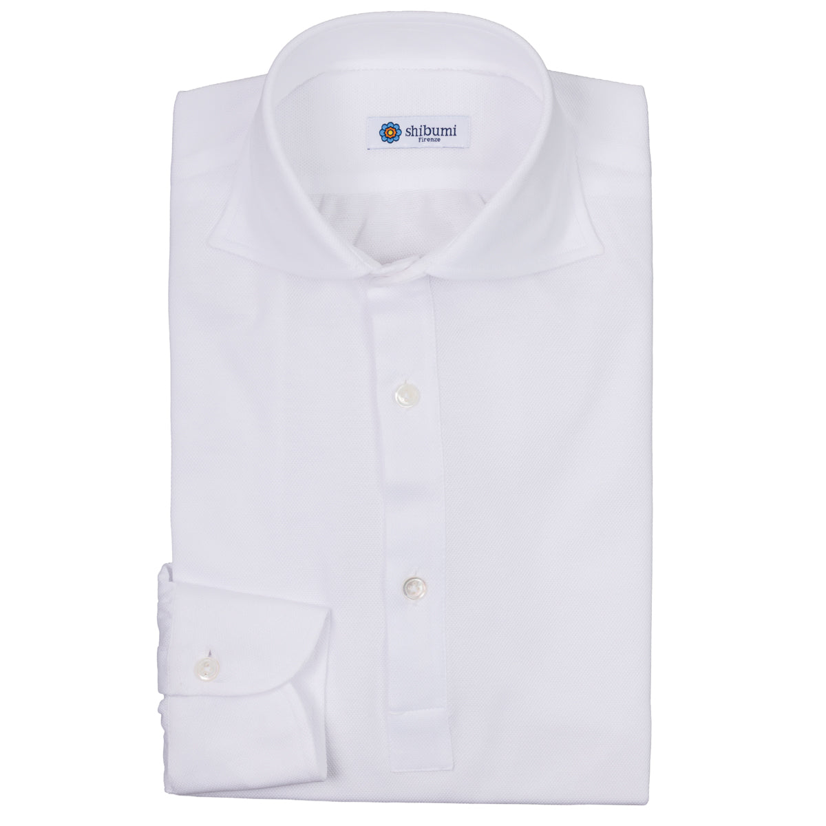 Long Sleeved Polo Shirt - Curved Wide Spread - White