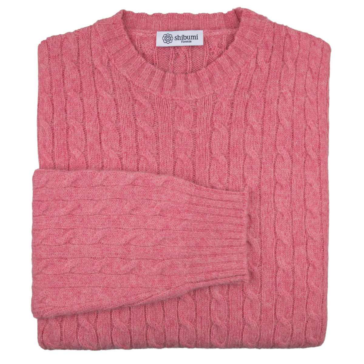 Cable Knit Wool Crewneck Sweater - Pink