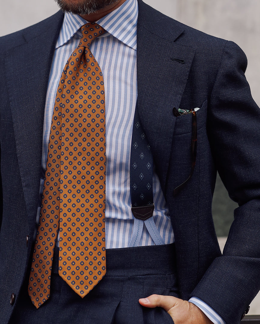 Shibumi-Flower Printed Silk Tie - Ochre - Hand-Rolled