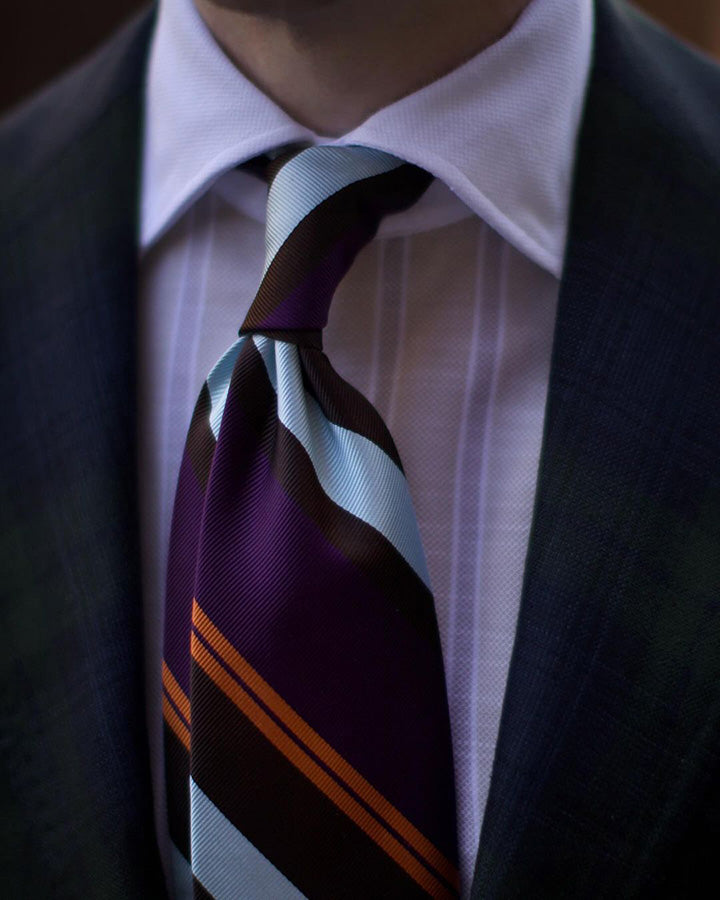 Japanese Repp Stripe Silk Tie - Eggplant / Brown / Orange