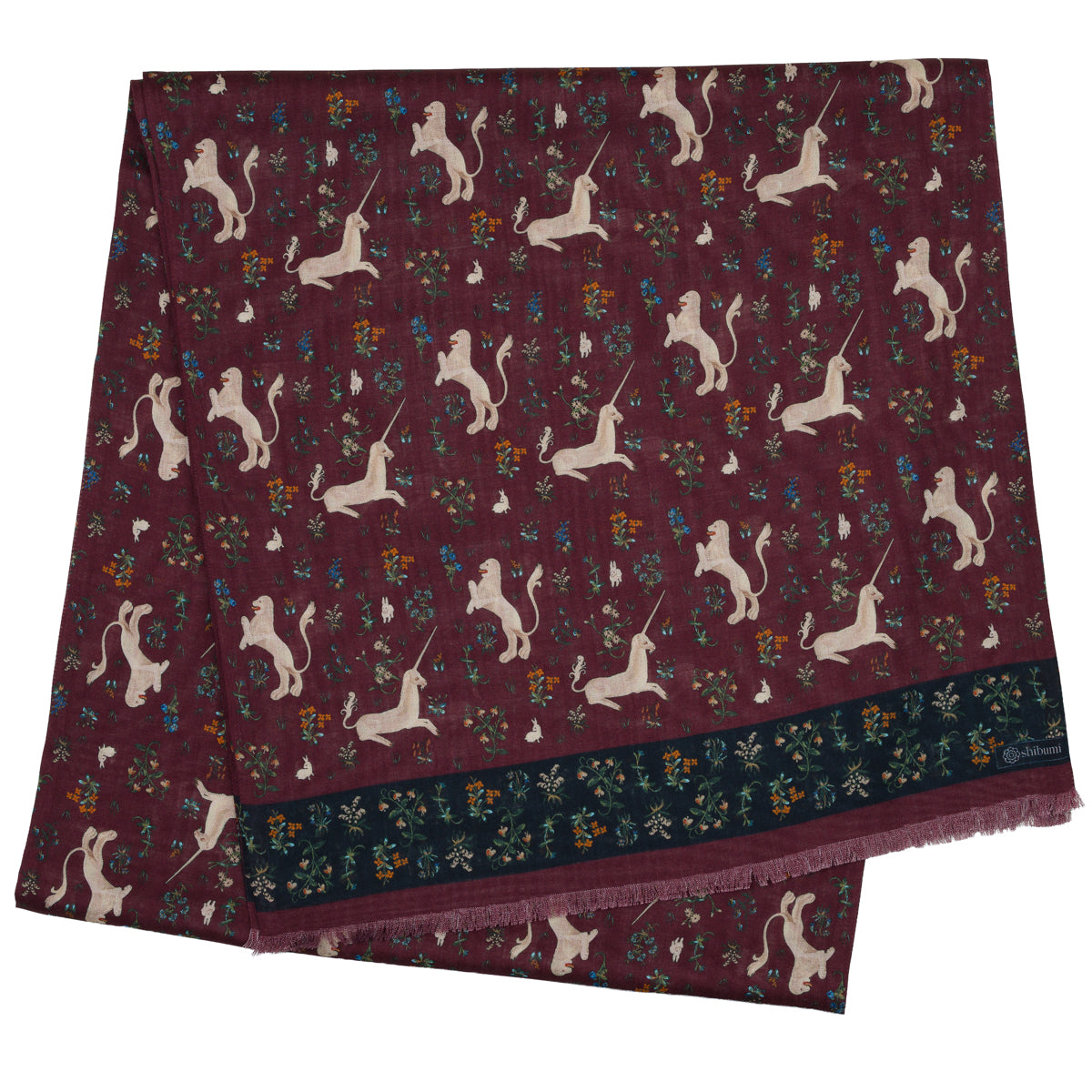 Animal Motif Wool / Silk Scarf - Burgundy